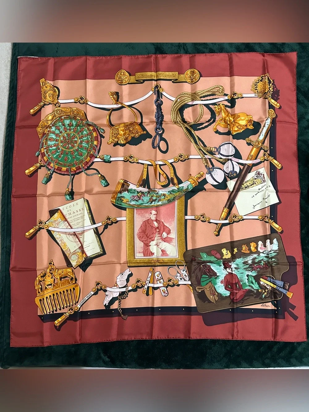 Hermes Printed Silk Scarf with Equestrian & Vintage Motif